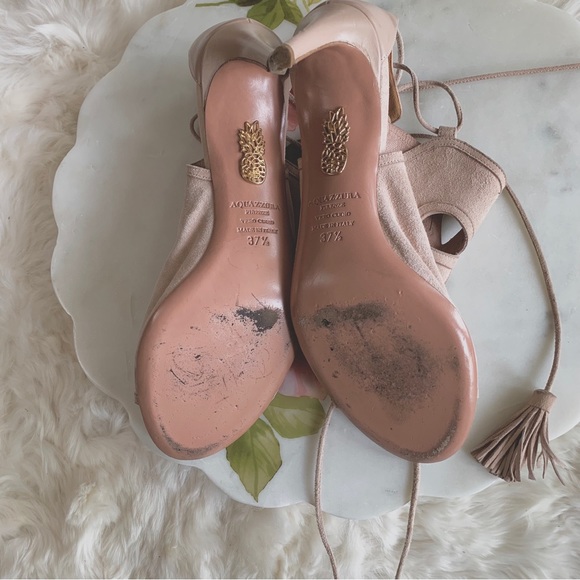 AQUAZURRA FIRENZE NEUTRAL LEATHER TUSSLE HEELED SANDALS - Picture 7 of 16